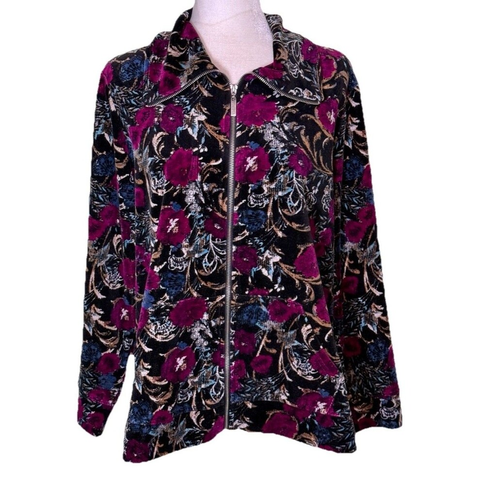 Women Floral Tapestry Print Velour Zip‎ Up Jacket Jewel Tone Statement Artsy XL